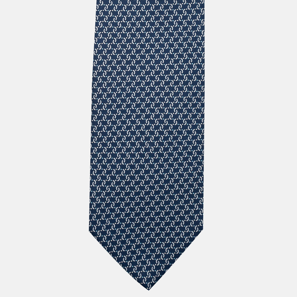 3-Fold Silk Tie, Geometric Pattern, Blue and Grey - JA056669-2