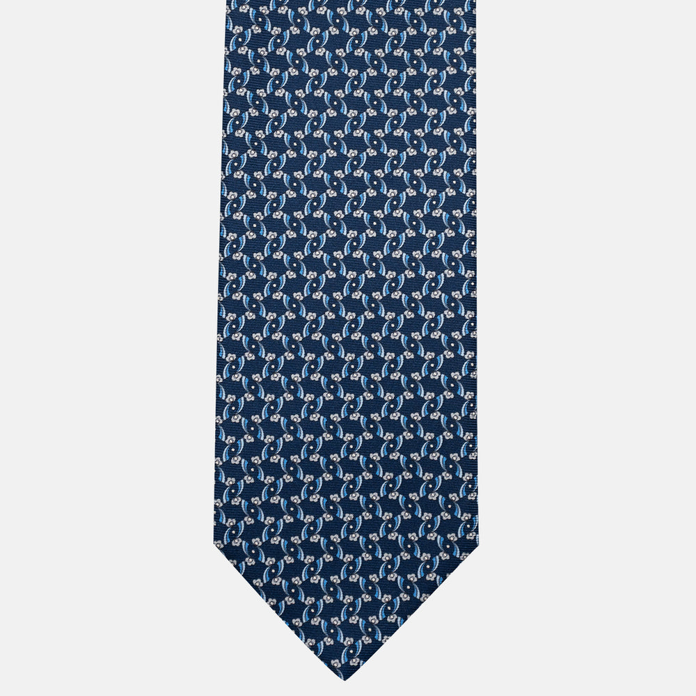 3-Fold Silk Tie, Floral Pattern, Blue and Grey - JA056337-2