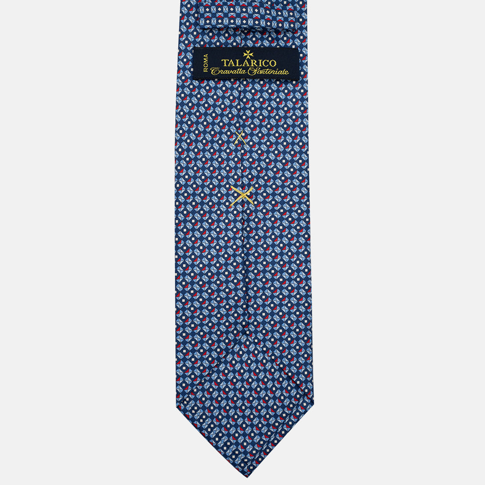 3-Fold Silk Tie, Geometric Pattern, Blue and Red - JA055920-2