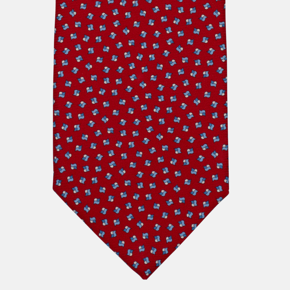 3-Fold Silk Tie, Micro Geometric Pattern, Red and Light Blue - 3007