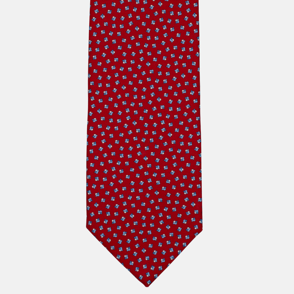 3-Fold Silk Tie, Micro Geometric Pattern, Red and Light Blue - 3007
