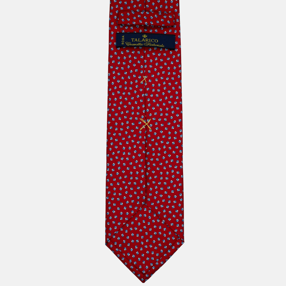 3-Fold Silk Tie, Micro Geometric Pattern, Red and Light Blue - 3007