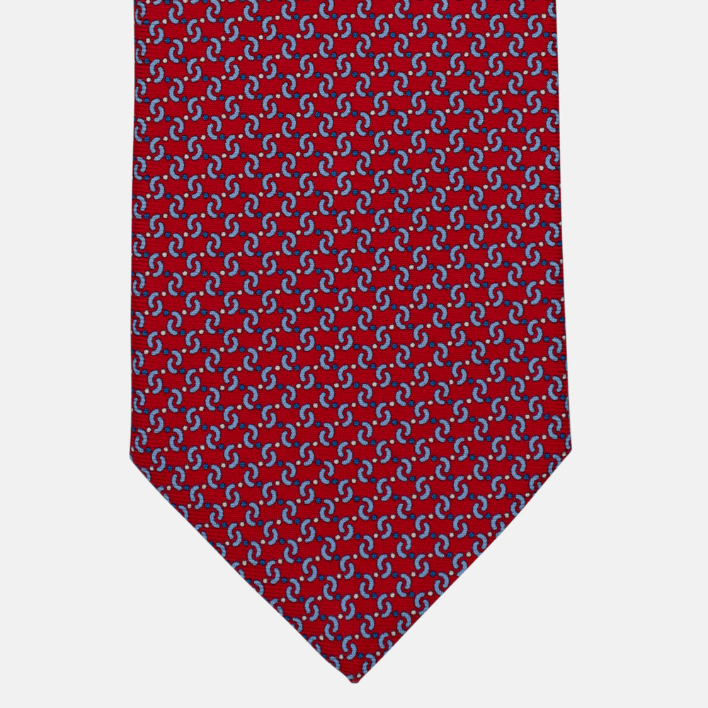 3-Fold Silk Tie, Micro Geometric Pattern, Red and Light Blue - 3012