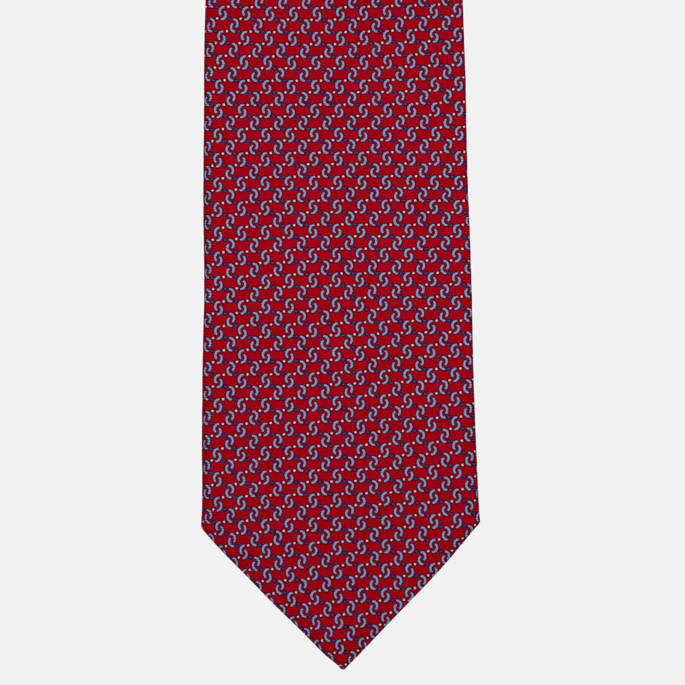 3-Fold Silk Tie, Micro Geometric Pattern, Red and Light Blue - 3012
