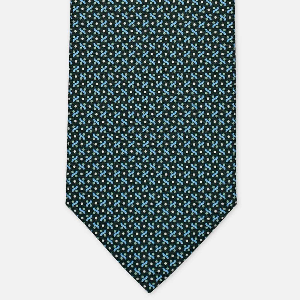 3-Fold Silk Tie, Micro Pattern, Dark Green and Light Blue - 3018