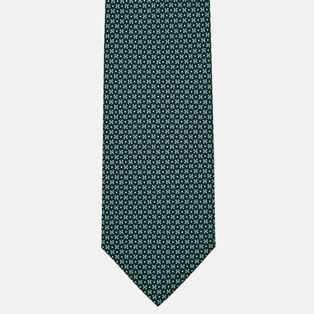 3-Fold Silk Tie, Micro Pattern, Dark Green and Light Blue - 3018