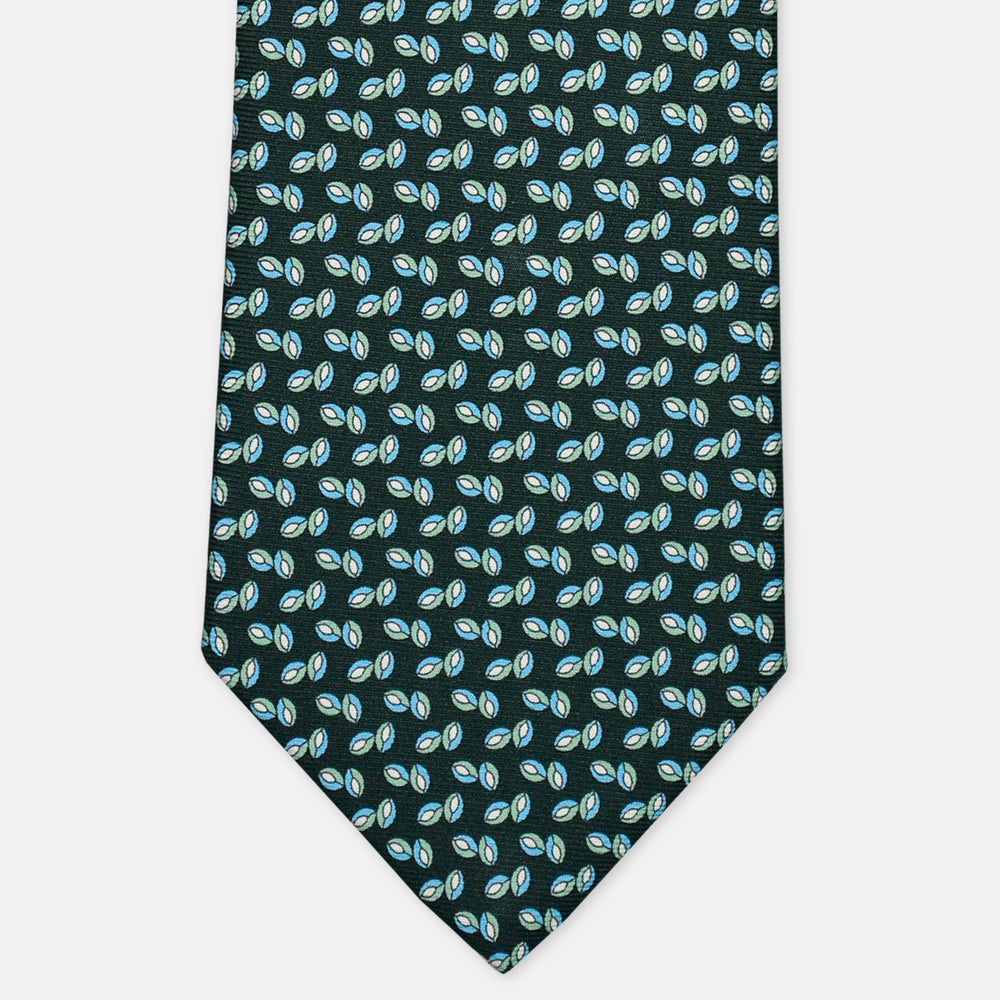 3-Fold Silk Tie, Floral Pattern, Dark Green/Light Blue - 3020