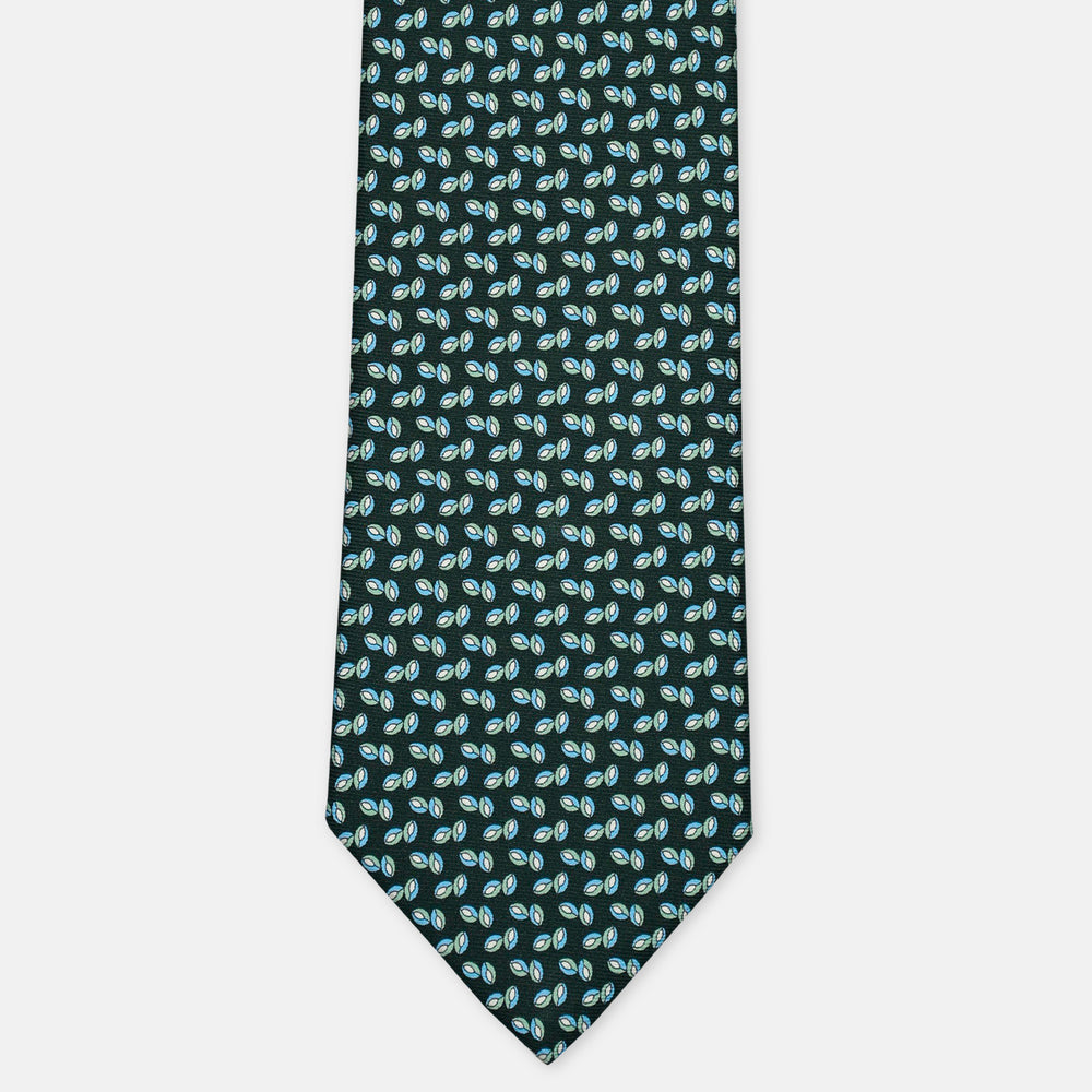 3-Fold Silk Tie, Floral Pattern, Dark Green/Light Blue - 3020