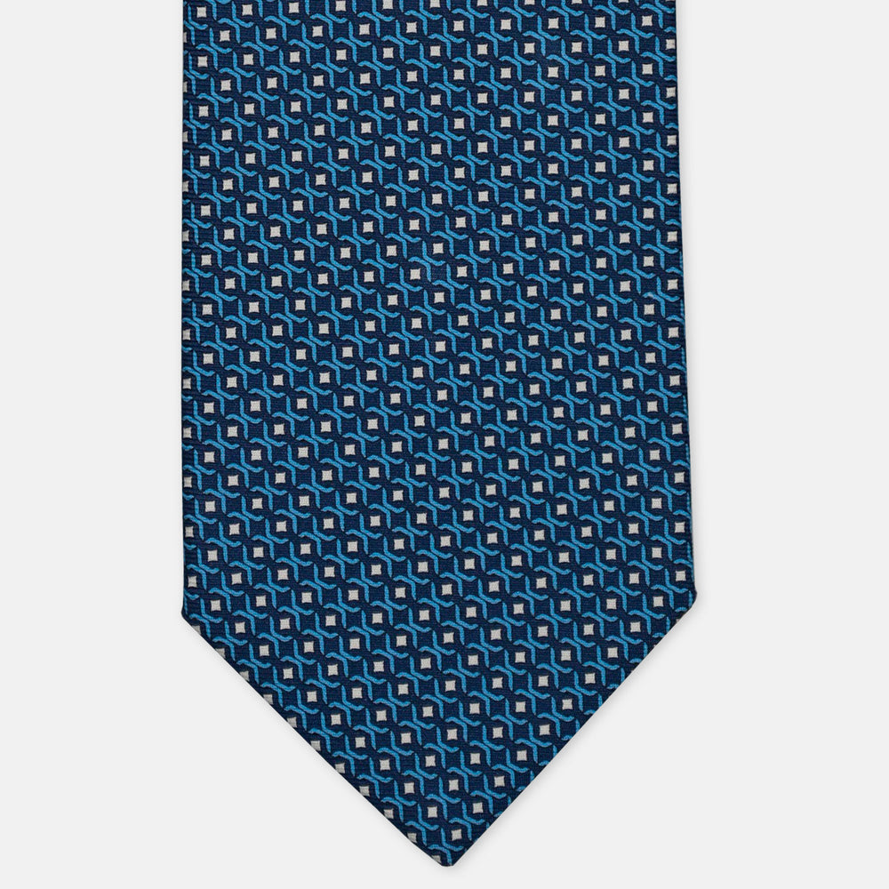 3-Fold Silk Tie, Geometric Chain Pattern, Light Blue - 3048