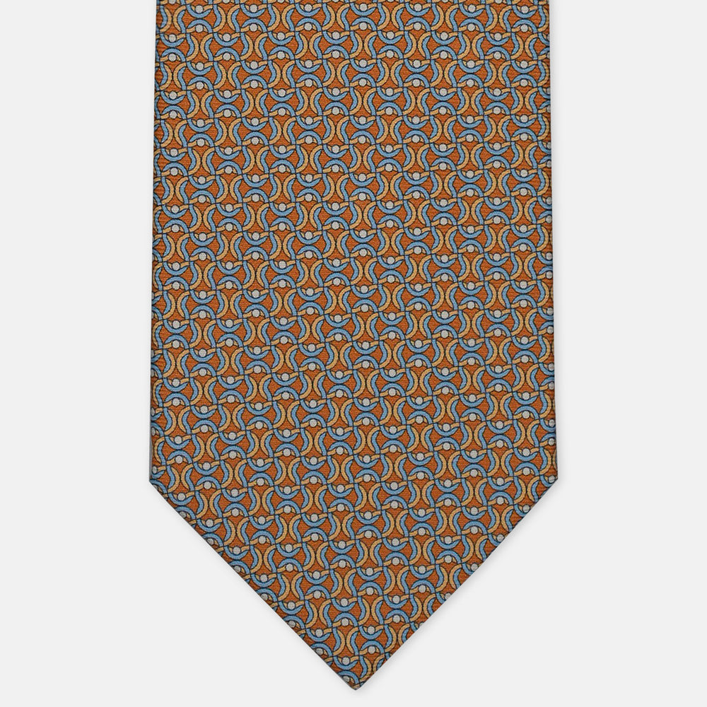 3-Fold Silk Tie, Geometric Chain Pattern, Light Blue Mustard - 3058