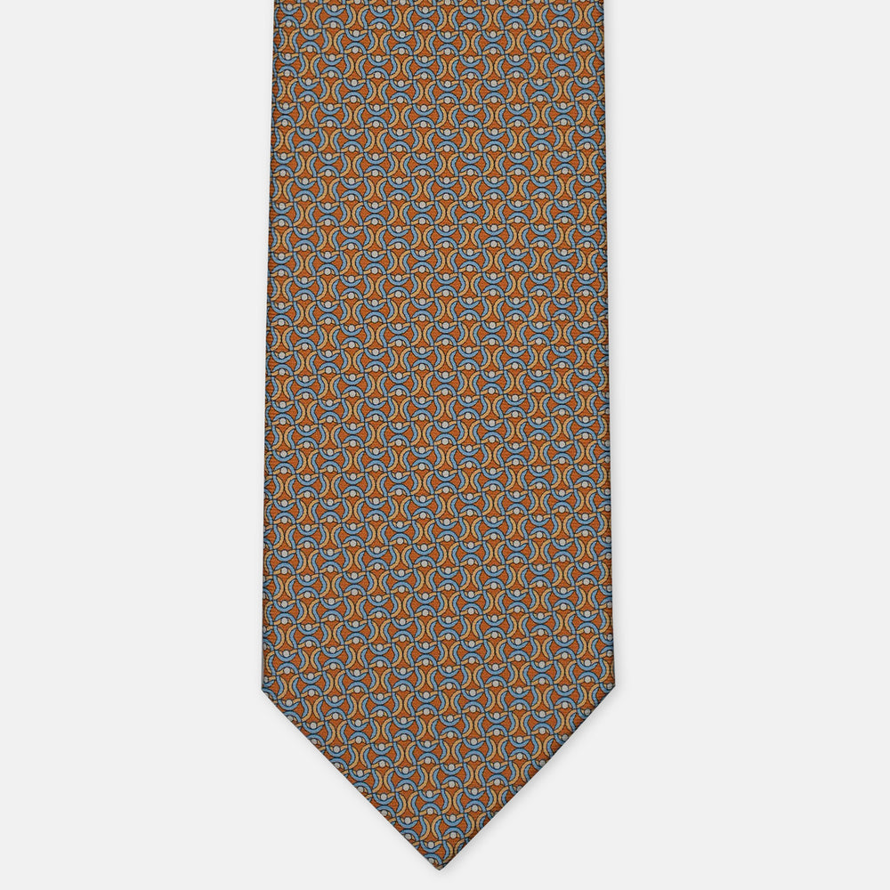 3-Fold Silk Tie, Geometric Chain Pattern, Light Blue Mustard - 3058