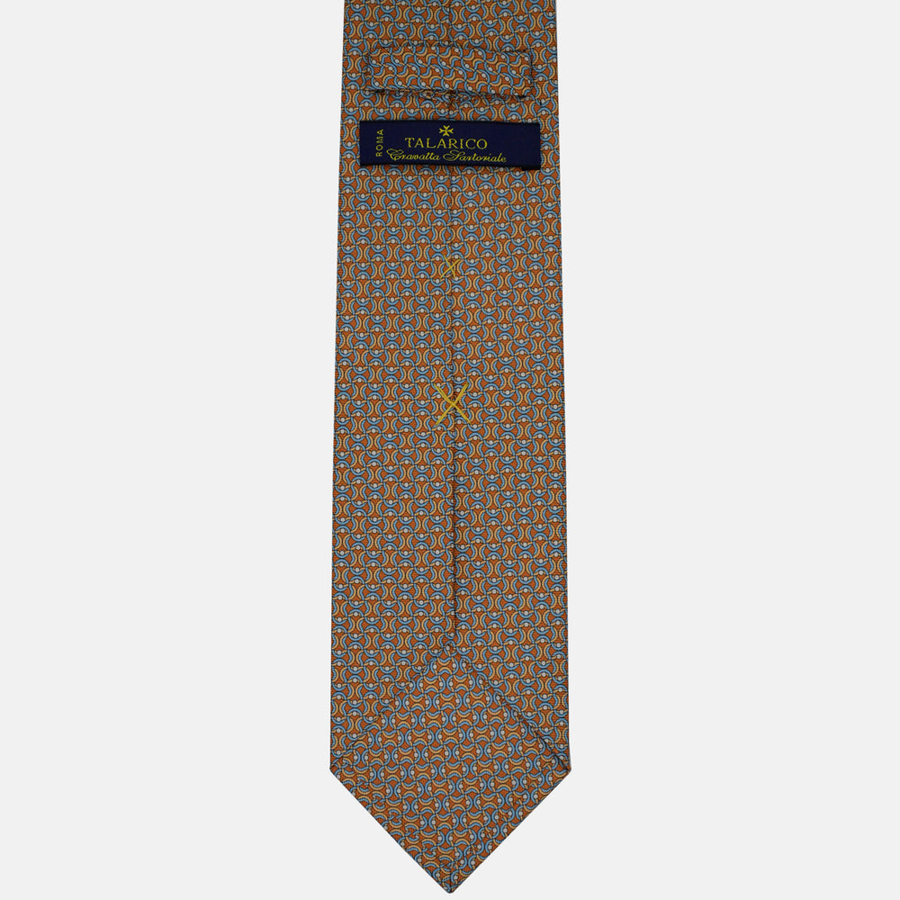 3-Fold Silk Tie, Geometric Chain Pattern, Light Blue Mustard - 3058