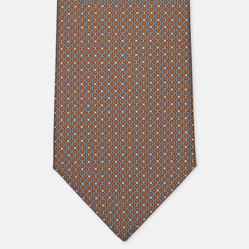 3-Fold Silk Tie, Micro Chain Pattern, Light Blue Mustard - 3067