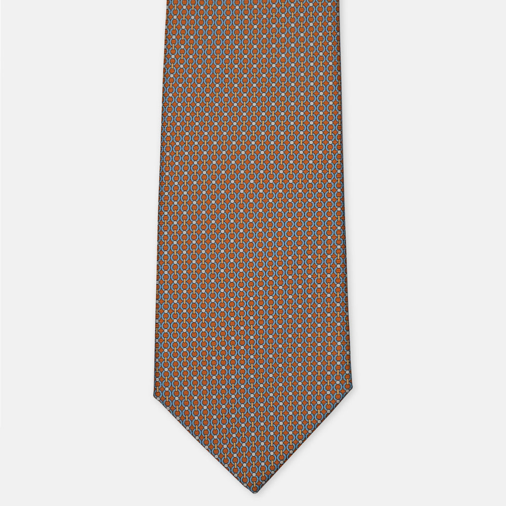 3-Fold Silk Tie, Micro Chain Pattern, Light Blue Mustard - 3067