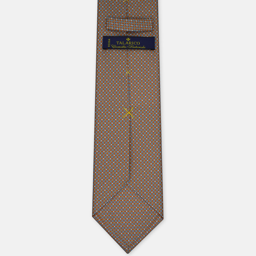 3-Fold Silk Tie, Micro Chain Pattern, Light Blue Mustard - 3067