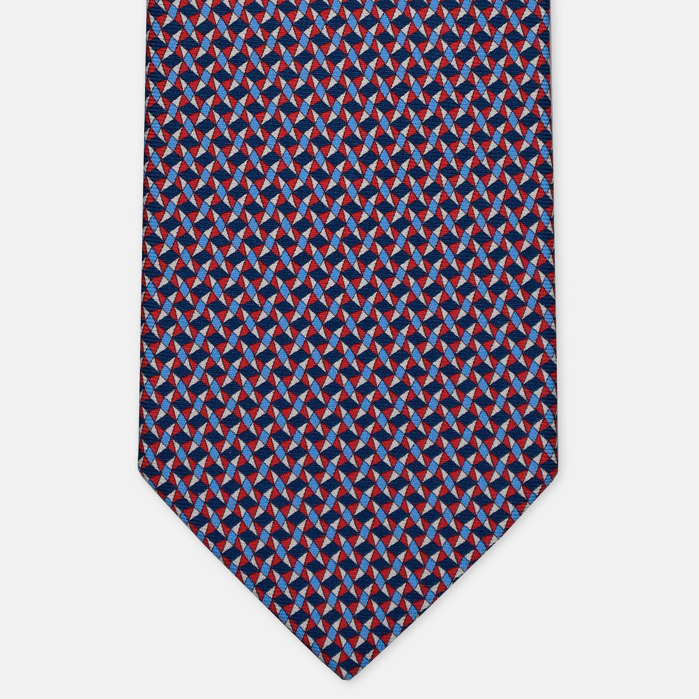 3-Fold Silk Tie, Geometric Pattern, Blue and Red - 3171
