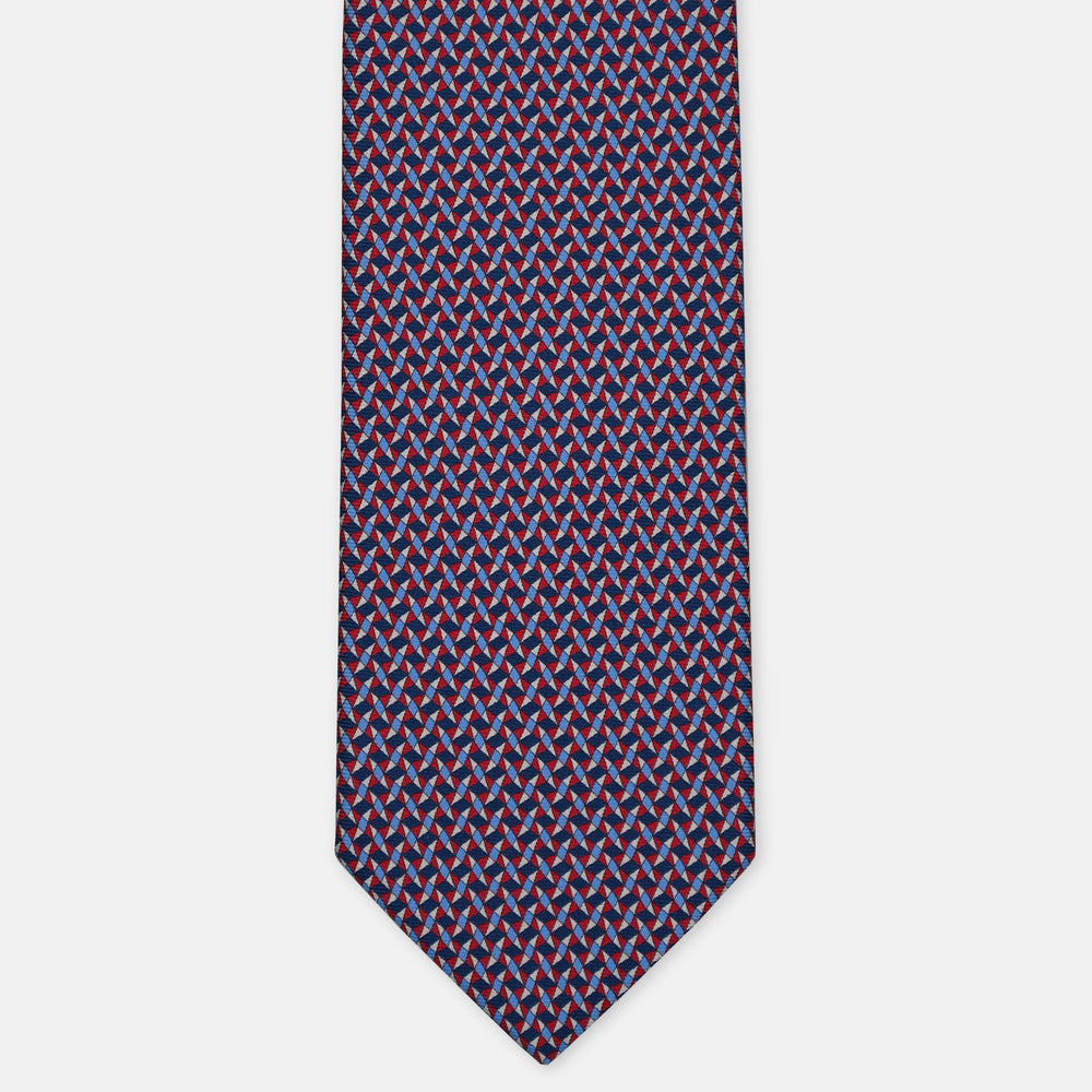 3-Fold Silk Tie, Geometric Pattern, Blue and Red - 3171