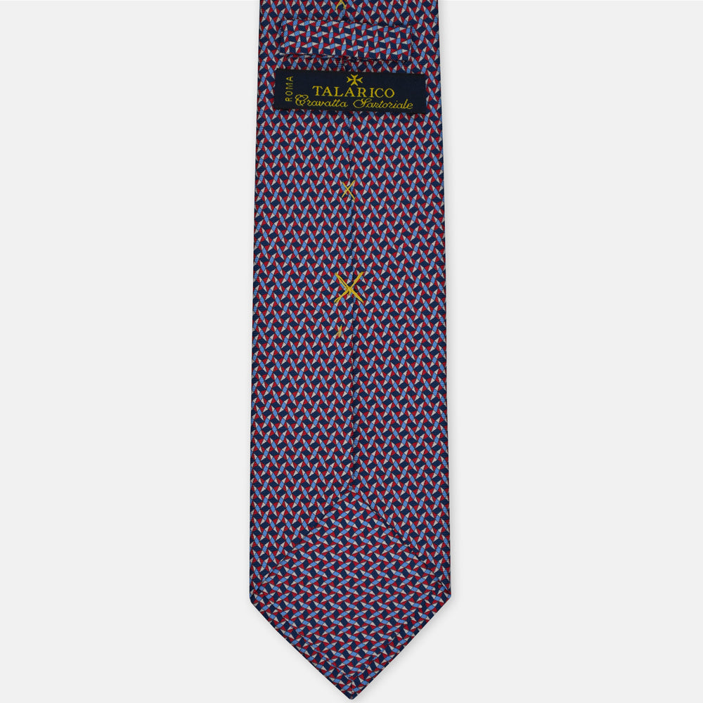 3-Fold Silk Tie, Geometric Pattern, Blue and Red - 3171