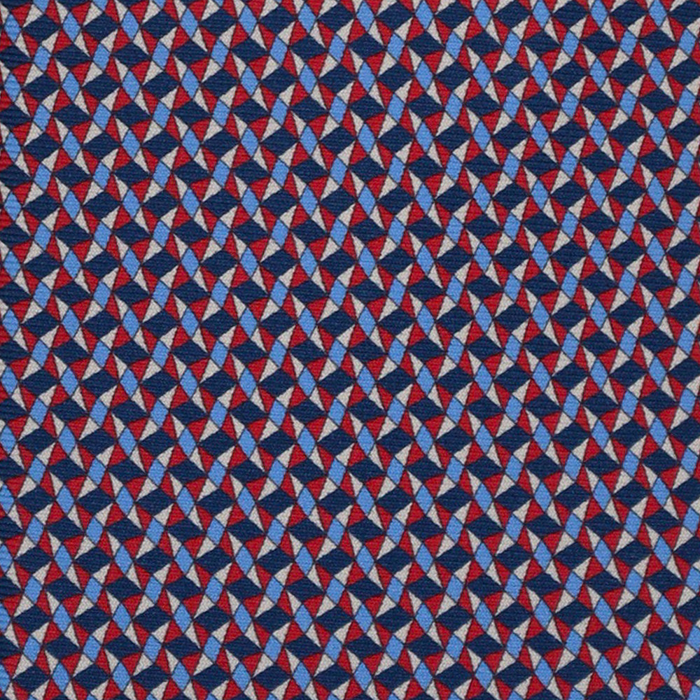 3-Fold Silk Tie, Geometric Pattern, Blue and Red - 3171