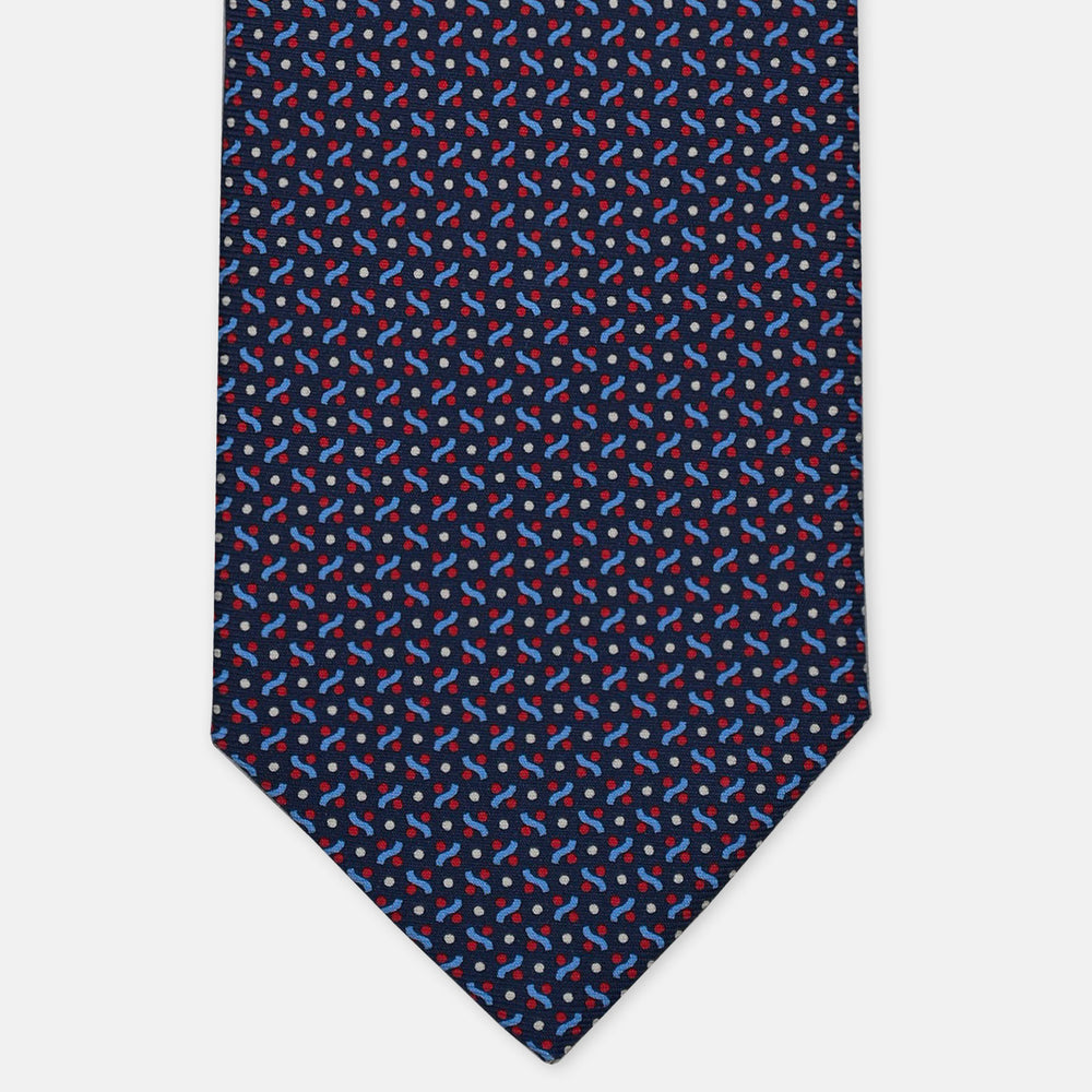 3-Fold Silk Tie, Micro Geometric Pattern, Blue and Red - 3173