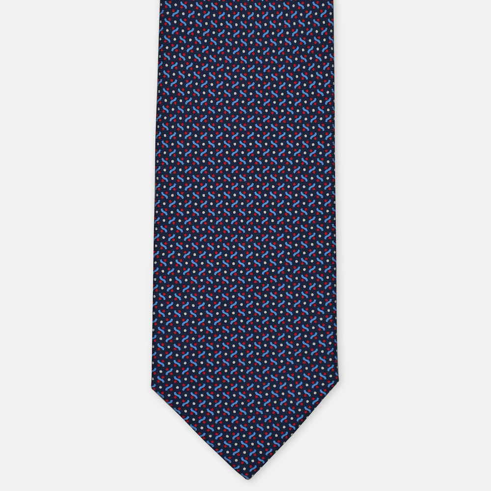 3-Fold Silk Tie, Micro Geometric Pattern, Blue and Red - 3173