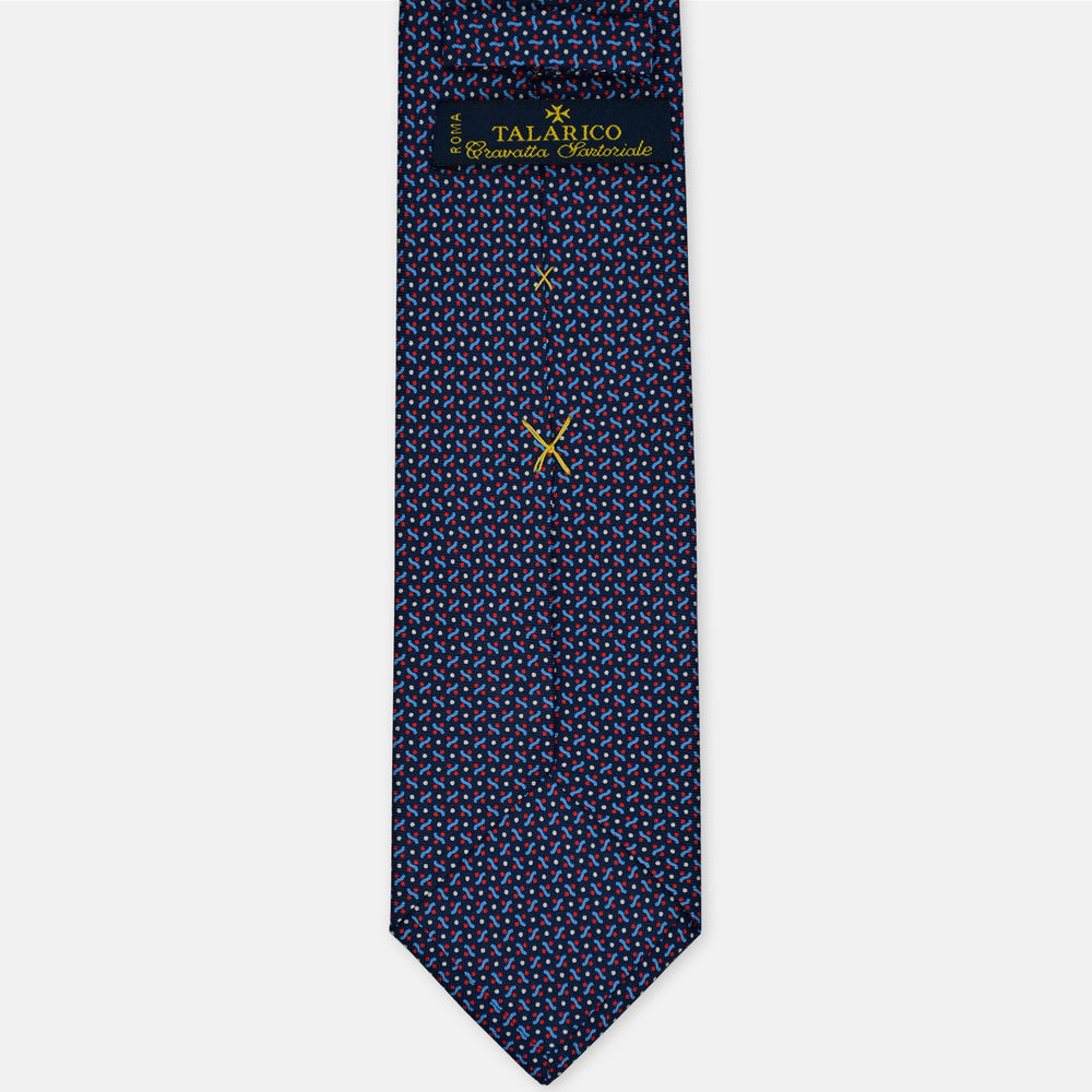 3-Fold Silk Tie, Micro Geometric Pattern, Blue and Red - 3173