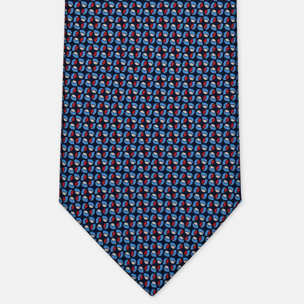 3-Fold Silk Tie, Geometric Pattern, Blue and Red - 3075