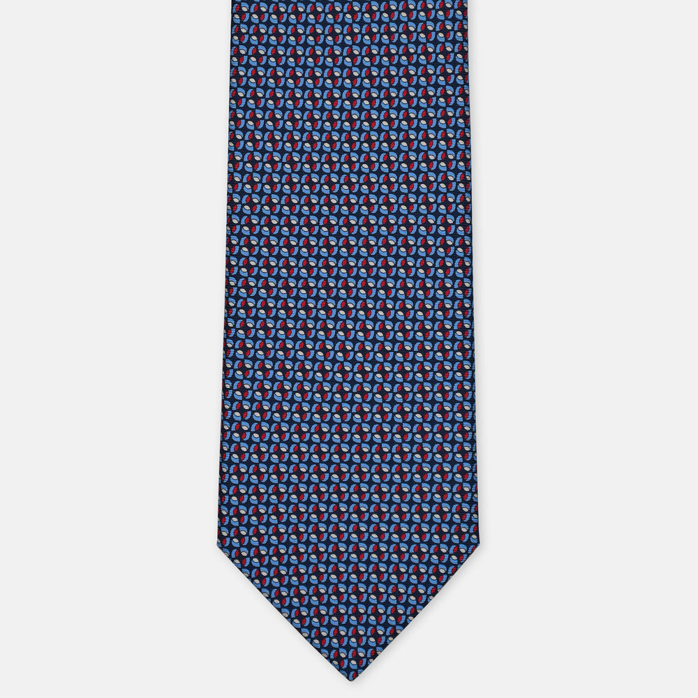 3-Fold Silk Tie, Geometric Pattern, Blue and Red - 3075