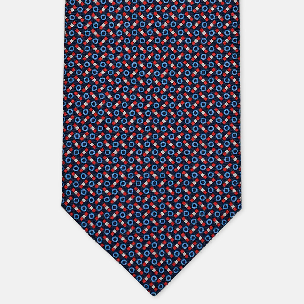 3-Fold Silk Tie, Micro Geometric Pattern, Blue and Red - 3077