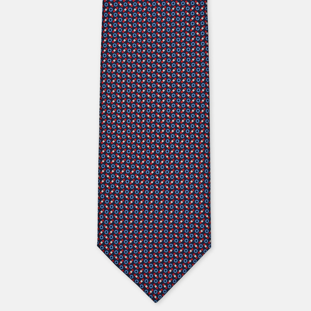 3-Fold Silk Tie, Micro Geometric Pattern, Blue and Red - 3077