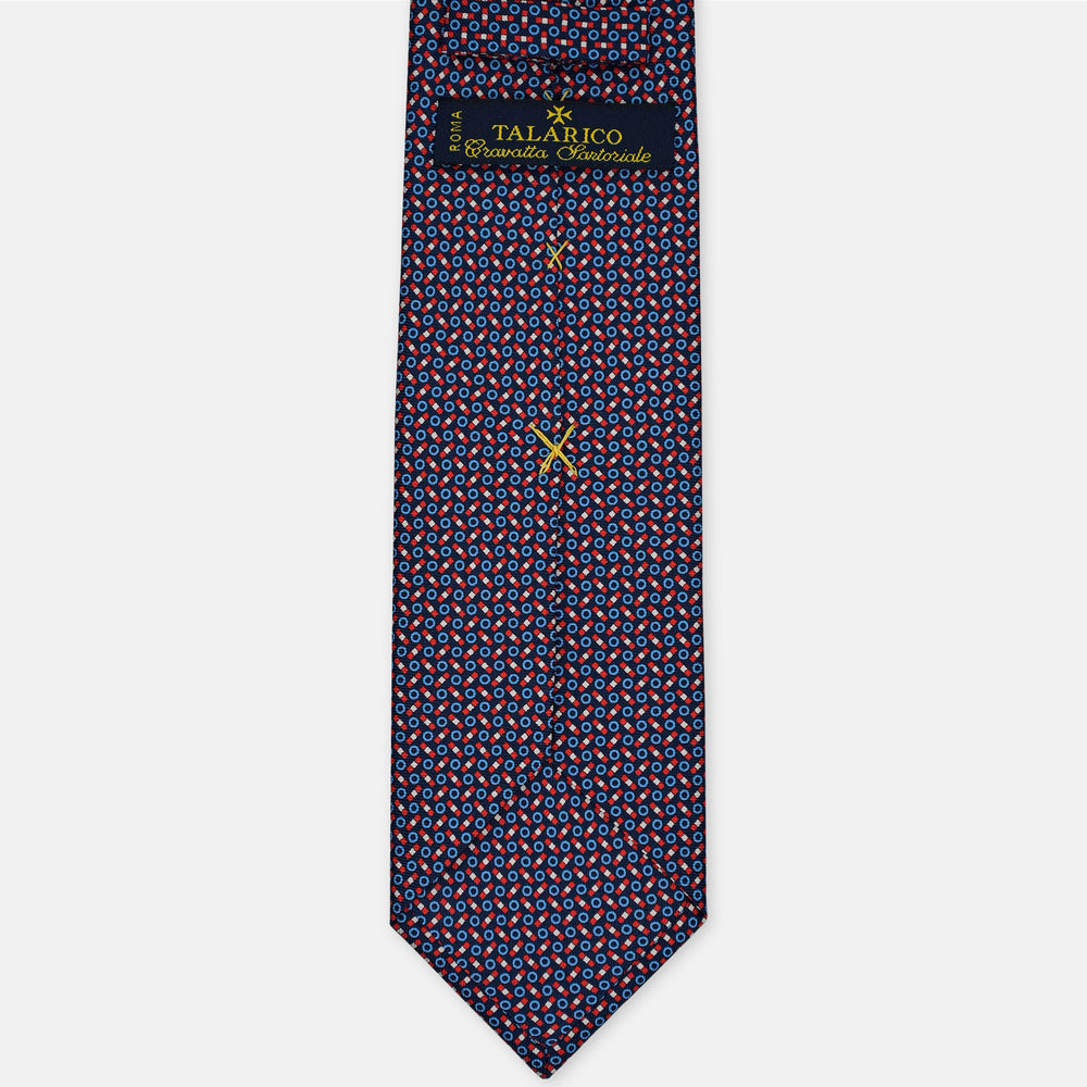 3-Fold Silk Tie, Micro Geometric Pattern, Blue and Red - 3077