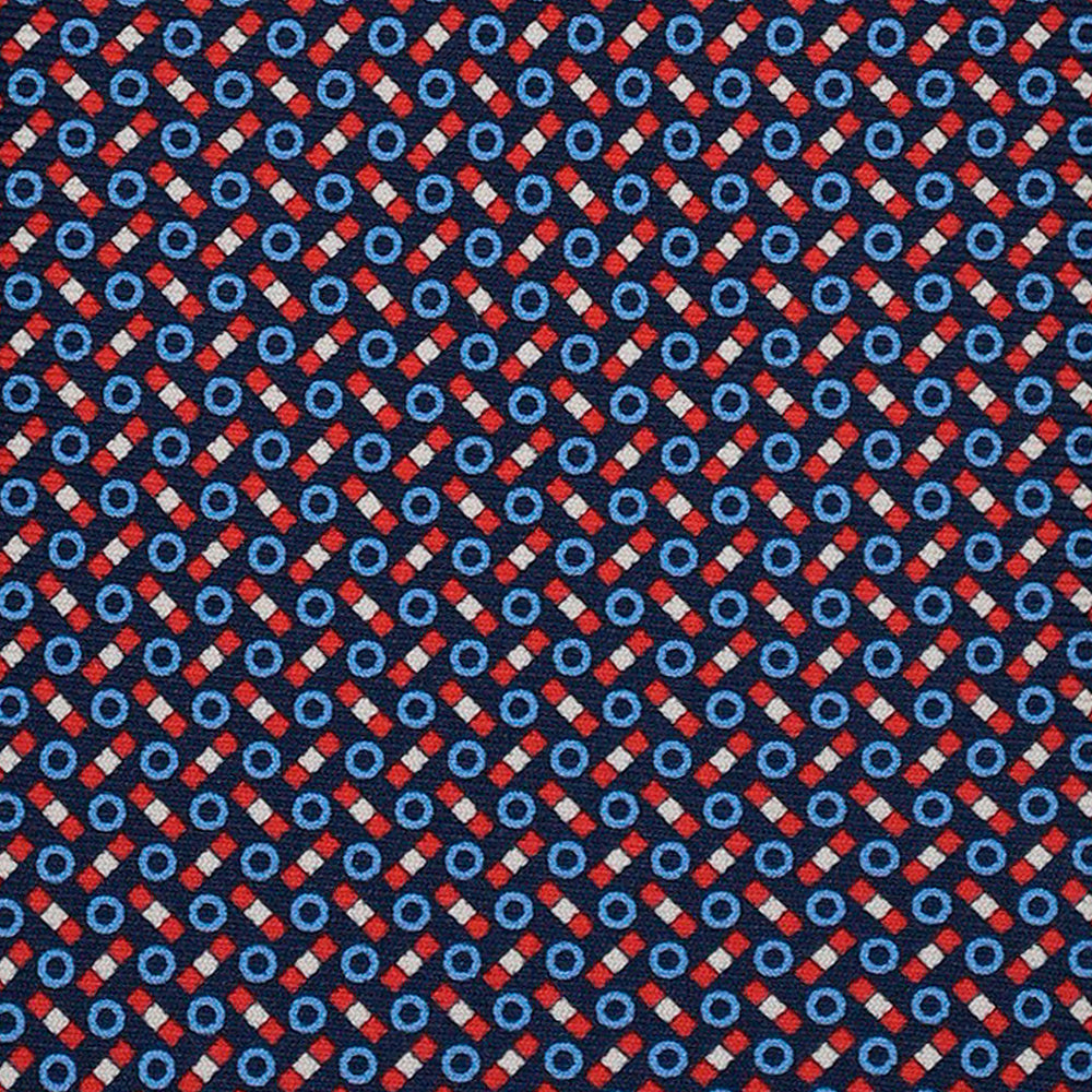 3-Fold Silk Tie, Micro Geometric Pattern, Blue and Red - 3077