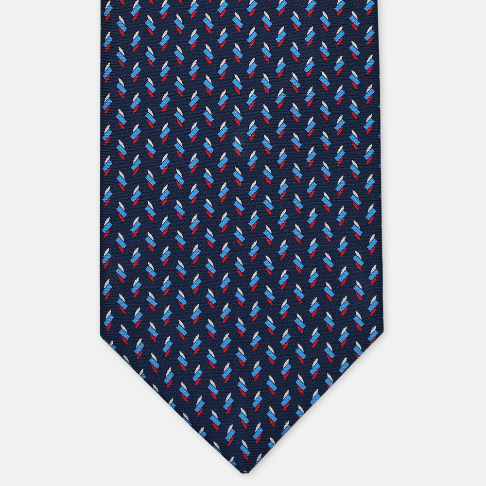 3-Fold Silk Tie, Geometric Pattern, Blue and Red - 3079