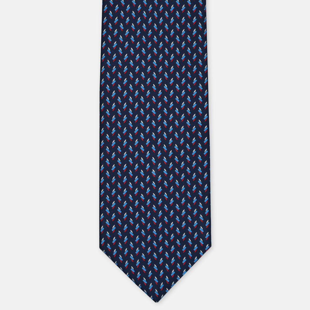 3-Fold Silk Tie, Geometric Pattern, Blue and Red - 3079