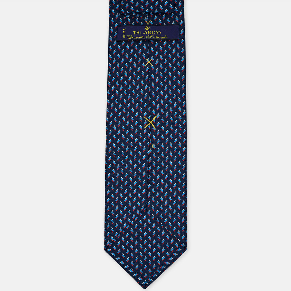 3-Fold Silk Tie, Geometric Pattern, Blue and Red - 3079