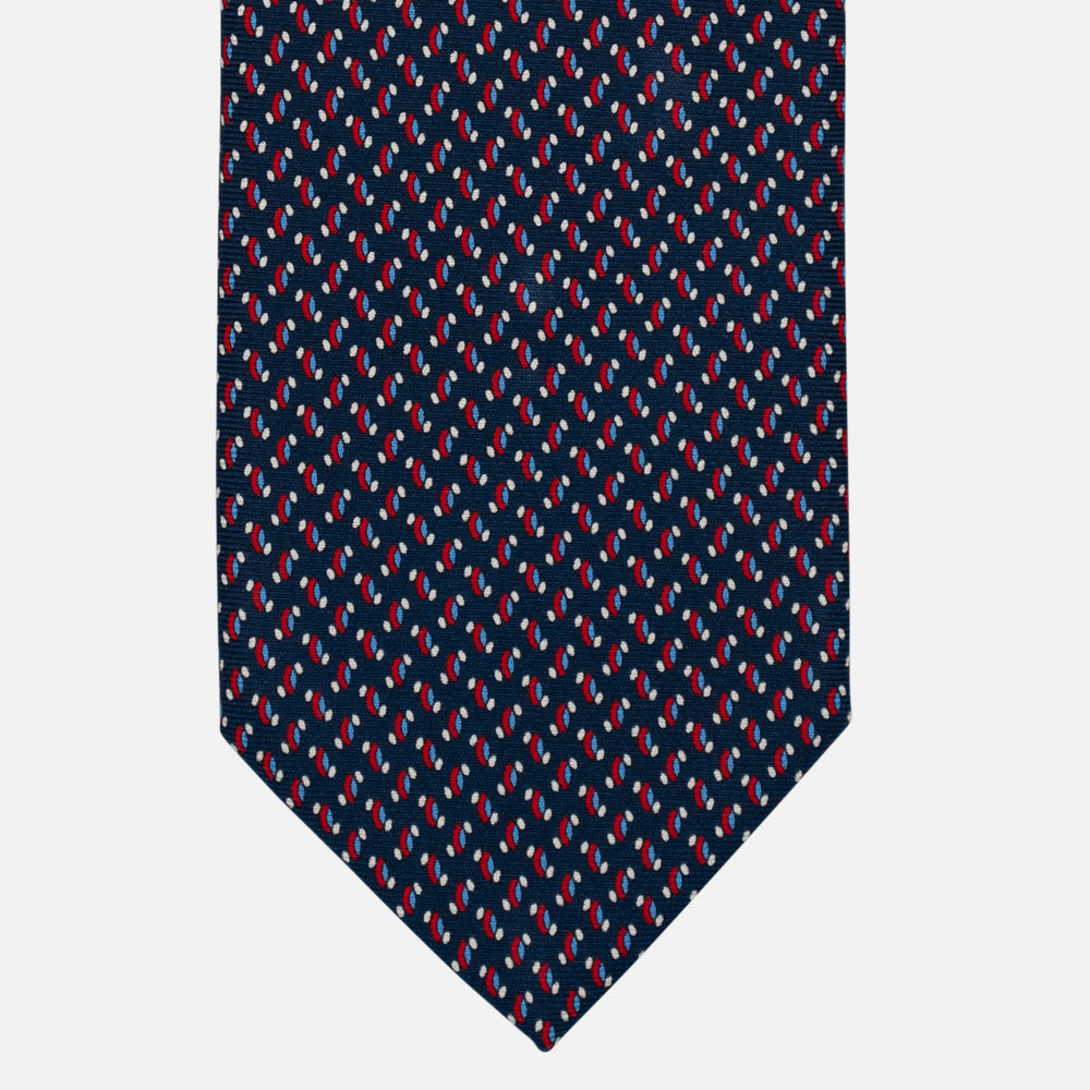 3-Fold Silk Tie, Geometric Pattern, Blue and Red - 3082