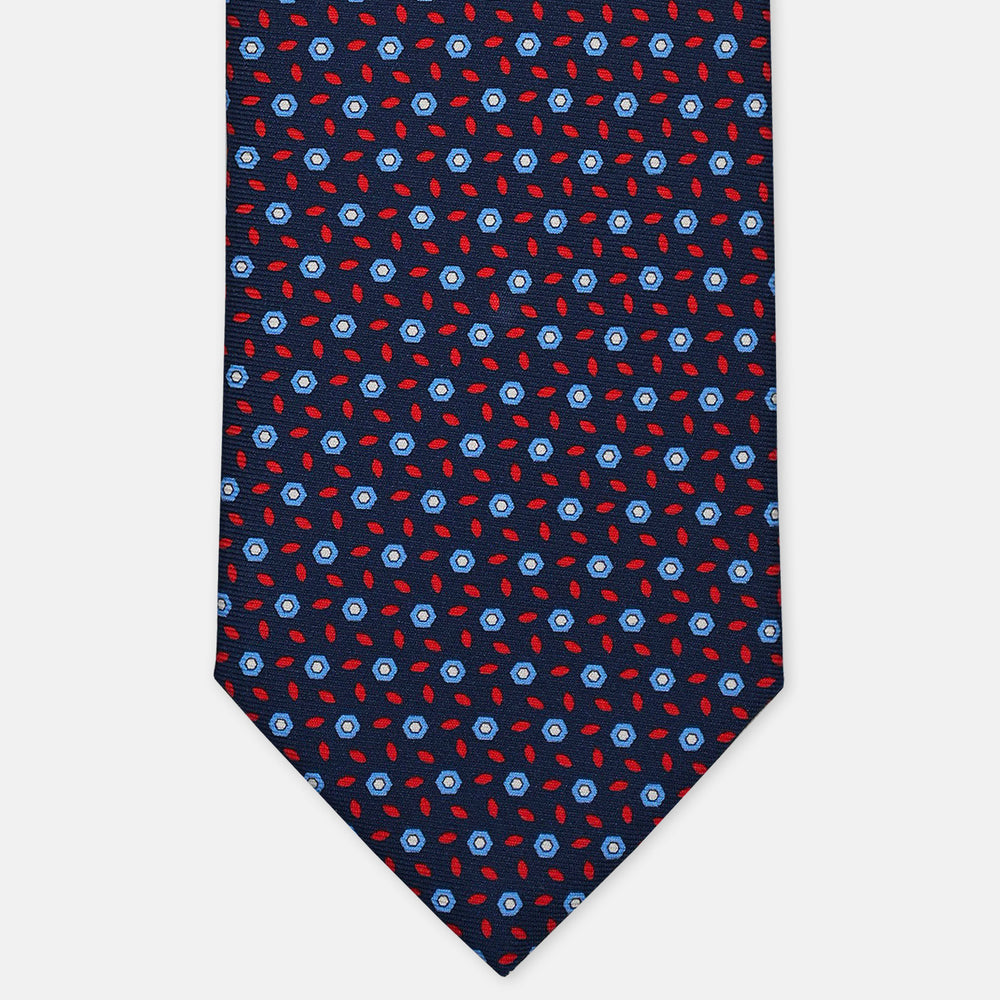 3-Fold Silk Tie, Floral Pattern, Blue and Red - 3083