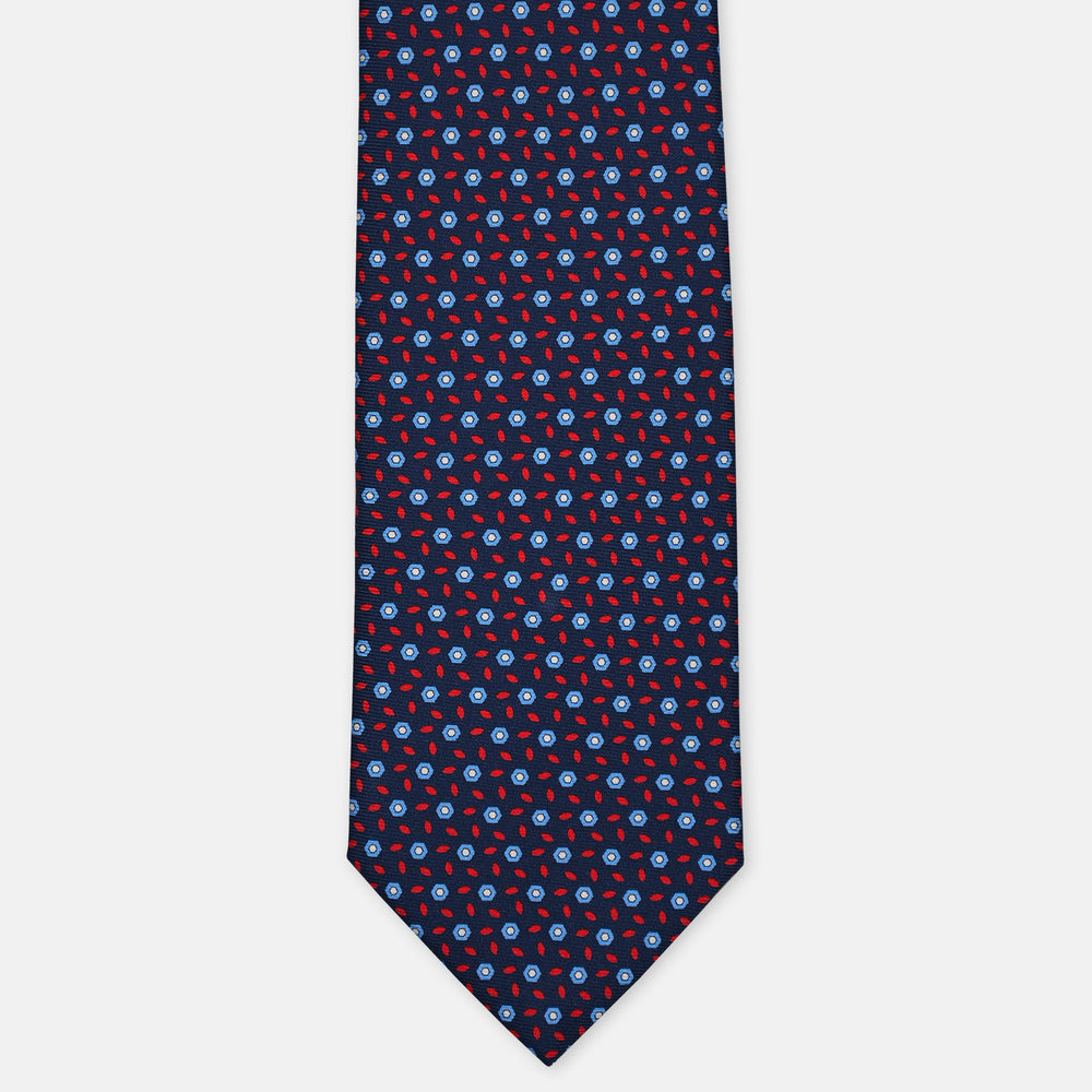 3-Fold Silk Tie, Floral Pattern, Blue and Red - 3083