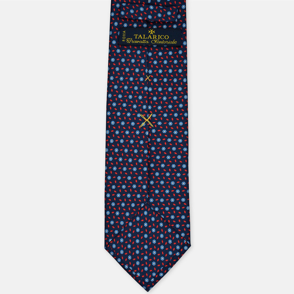 3-Fold Silk Tie, Floral Pattern, Blue and Red - 3083