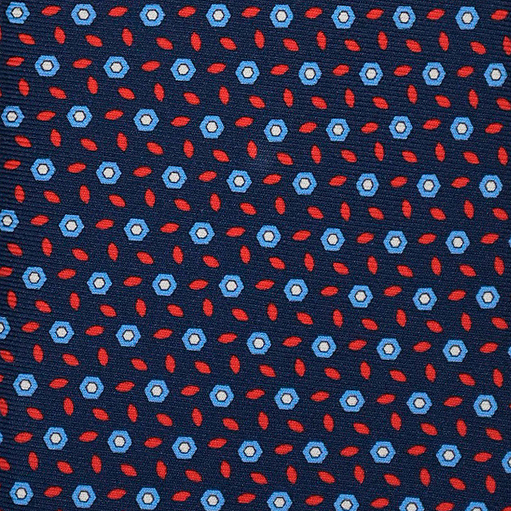 3-Fold Silk Tie, Floral Pattern, Blue and Red - 3083