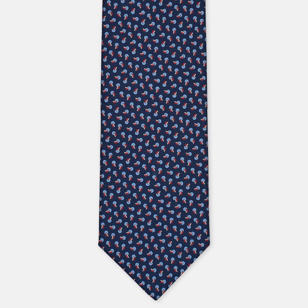 3-Fold Silk Tie, Geometric Pattern, Blue and Red - 3085