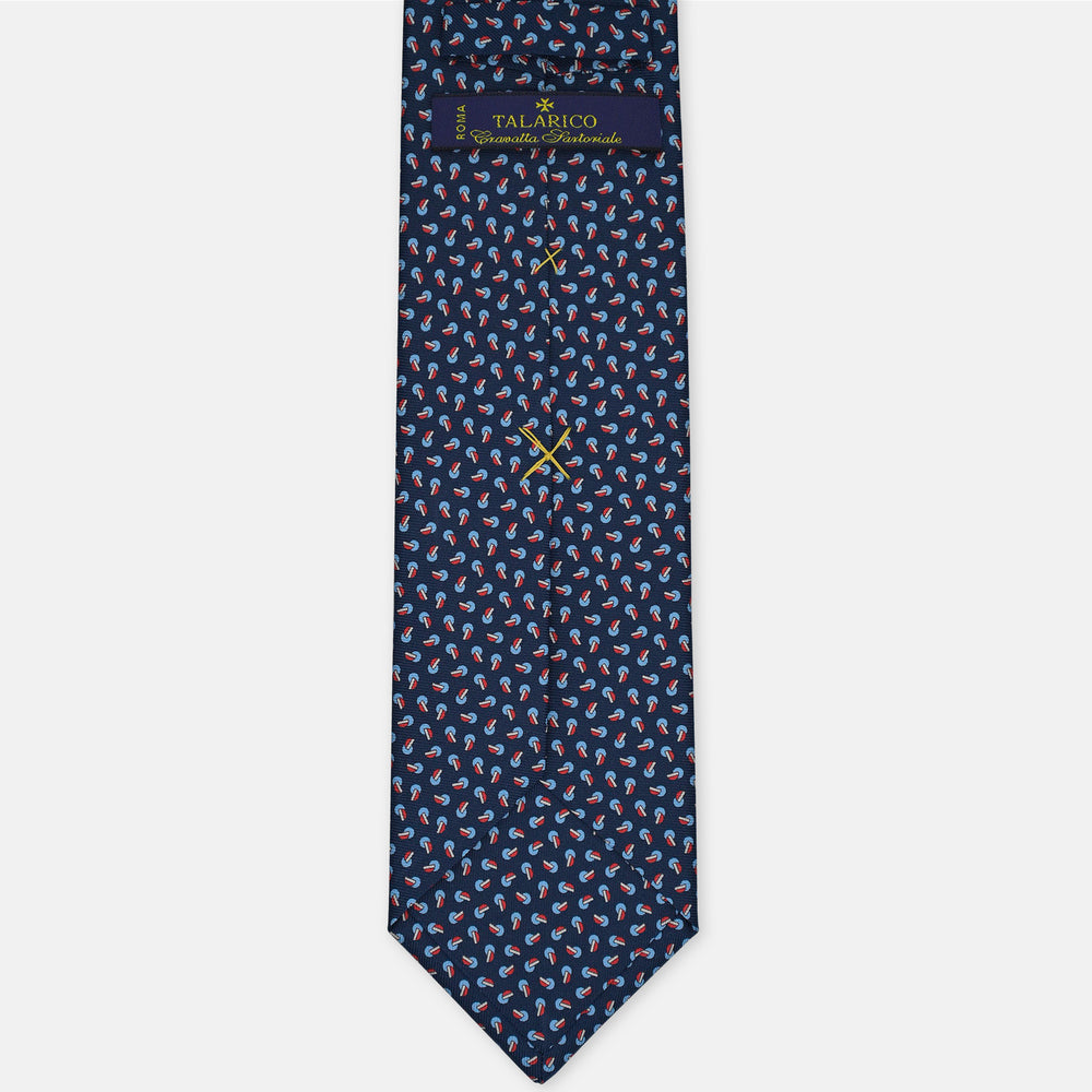 3-Fold Silk Tie, Geometric Pattern, Blue and Red - 3085