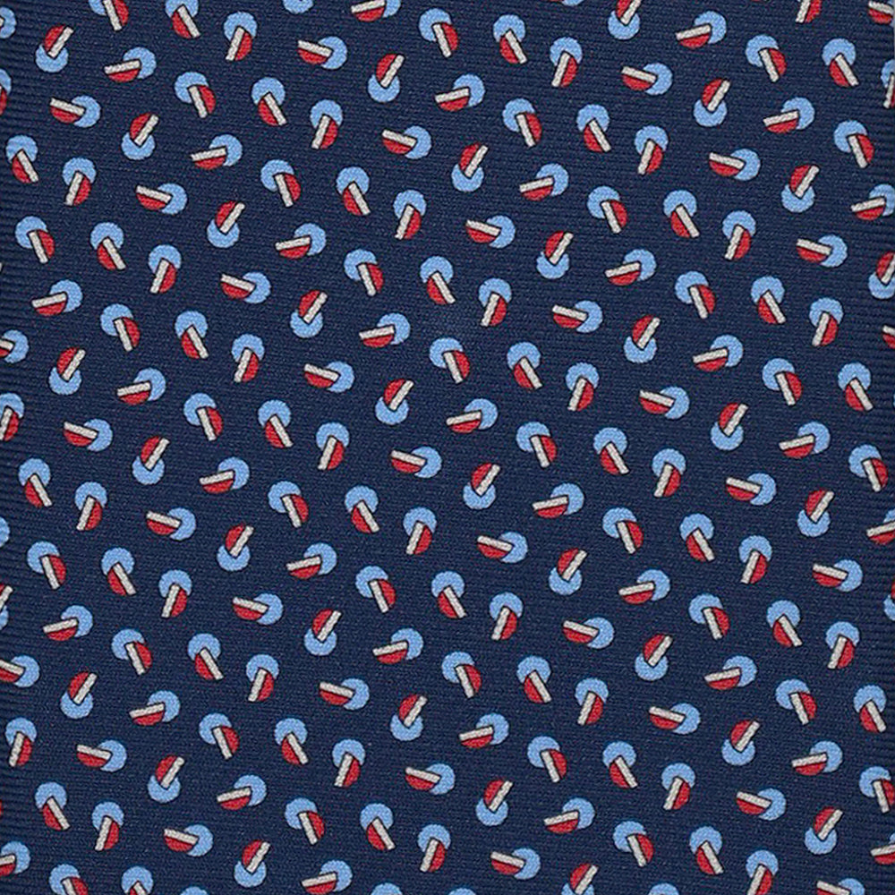 3-Fold Silk Tie, Geometric Pattern, Blue and Red - 3085