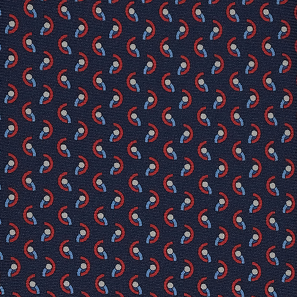 3-Fold Silk Tie, Geometric Pattern, Blue and Red - 3088