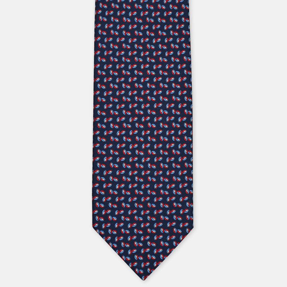 3-Fold Silk Tie, Floral Pattern, Blue and Red - 3090