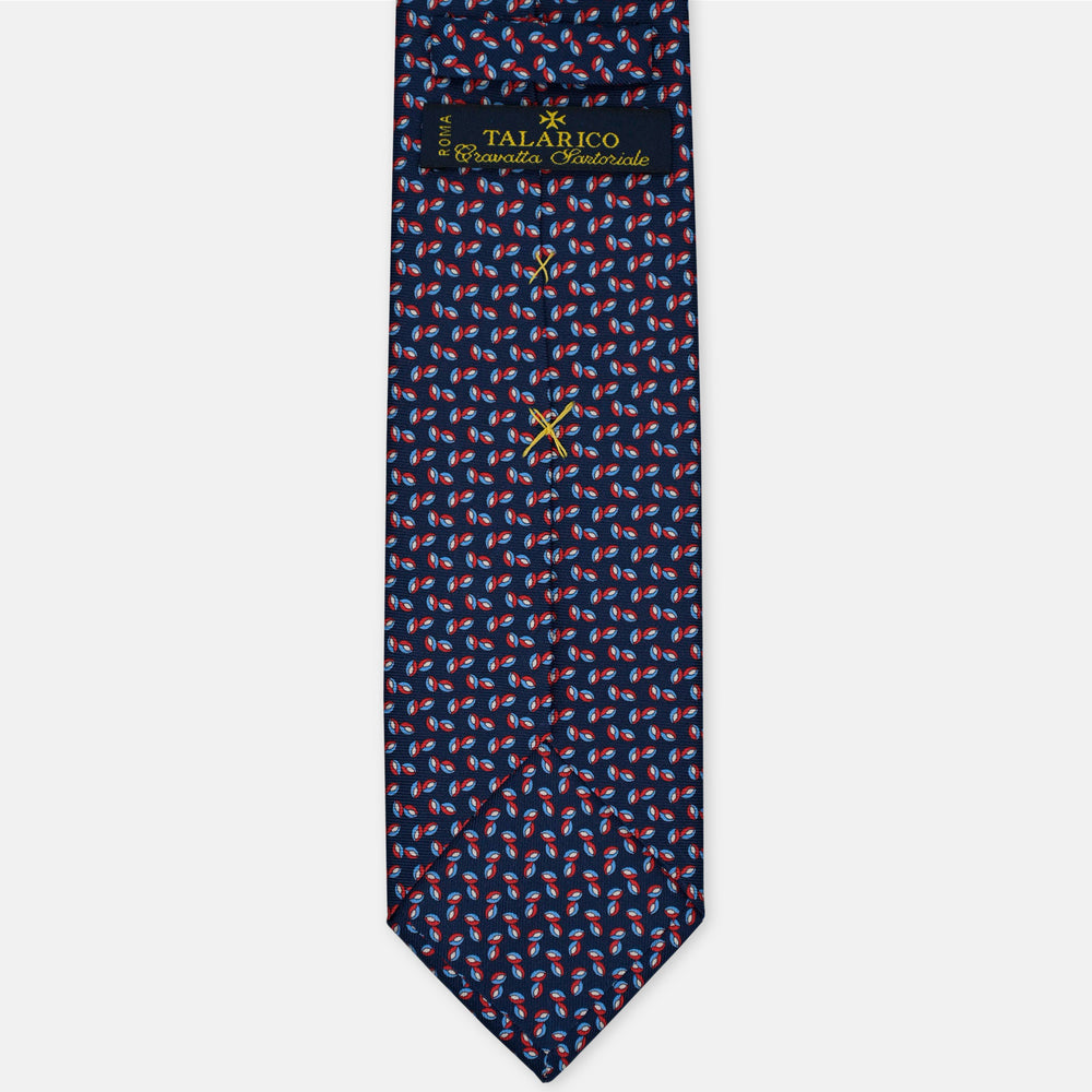 3-Fold Silk Tie, Floral Pattern, Blue and Red - 3090