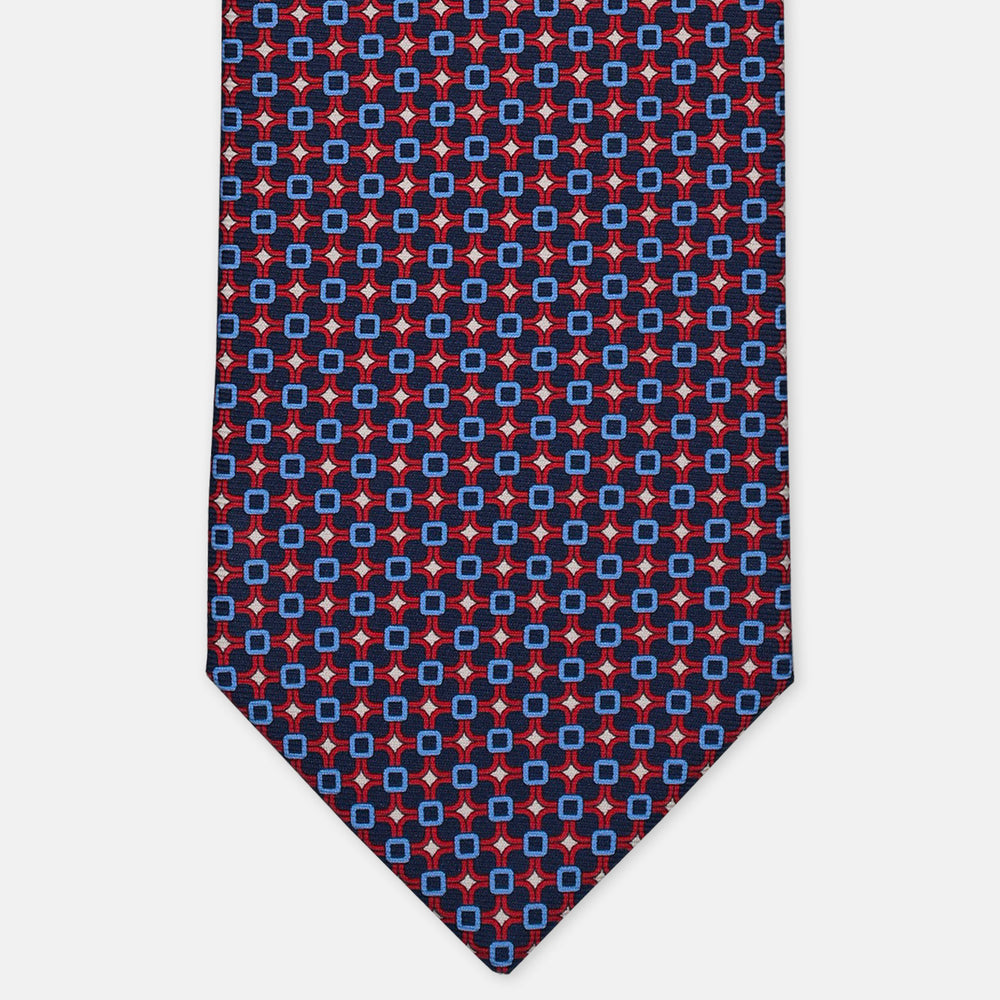 3-Fold Silk Tie, Geometric Pattern, Blue and Red - 3094