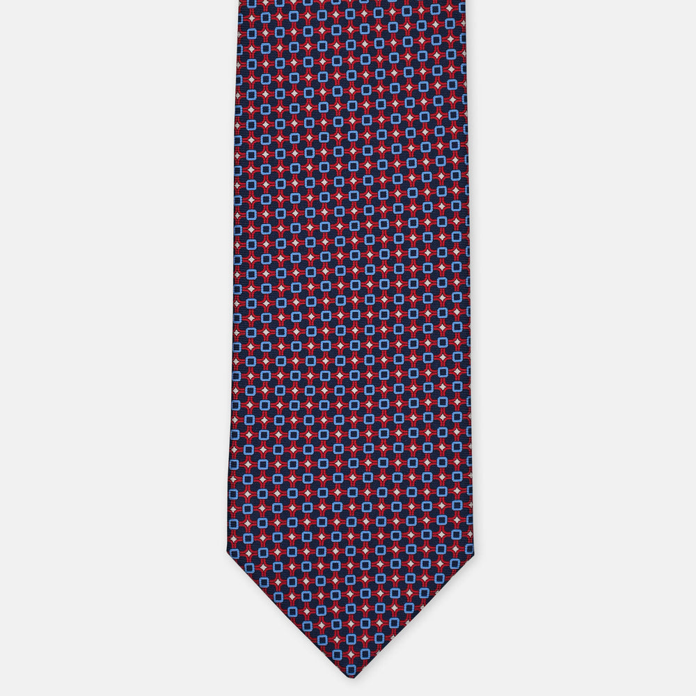 3-Fold Silk Tie, Geometric Pattern, Blue and Red - 3094