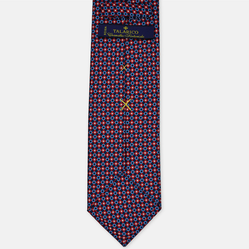 3-Fold Silk Tie, Geometric Pattern, Blue and Red - 3094