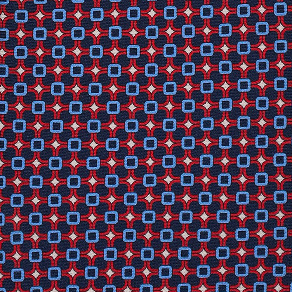 3-Fold Silk Tie, Geometric Pattern, Blue and Red - 3094